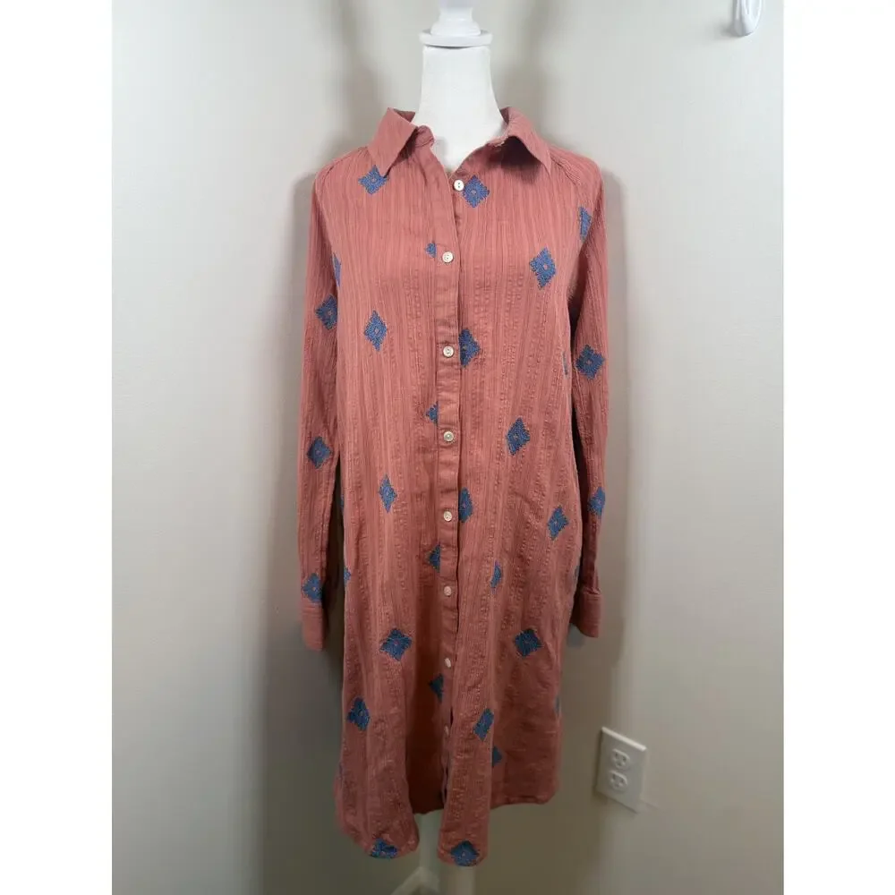 J. Jill Pure Jill Embroidered Shirtdress CoralBlue Small Cotton Boho Cottagecore